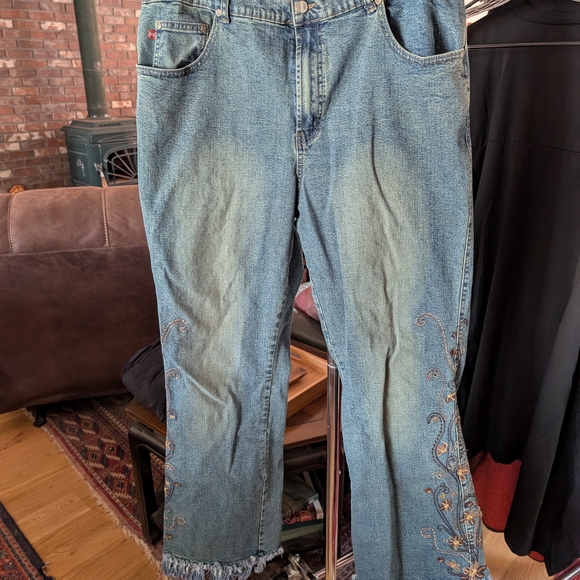 Embroidered Boot Cut Jeans in Blue - Picture 1 of 4